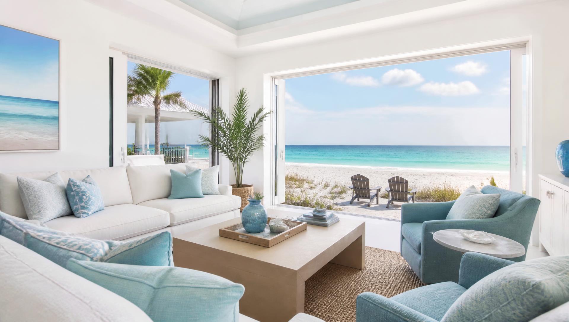 Airy beachfront living room opening onto the turquoise Gulf of Mexico